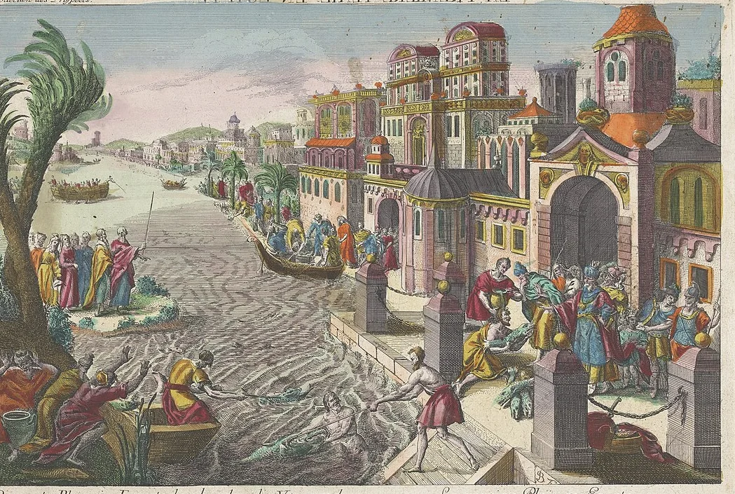 ضربة تحويل الماء إلى دم، حفر تاريخي ملوّن يدويًا من مجموعة Rijksmuseum